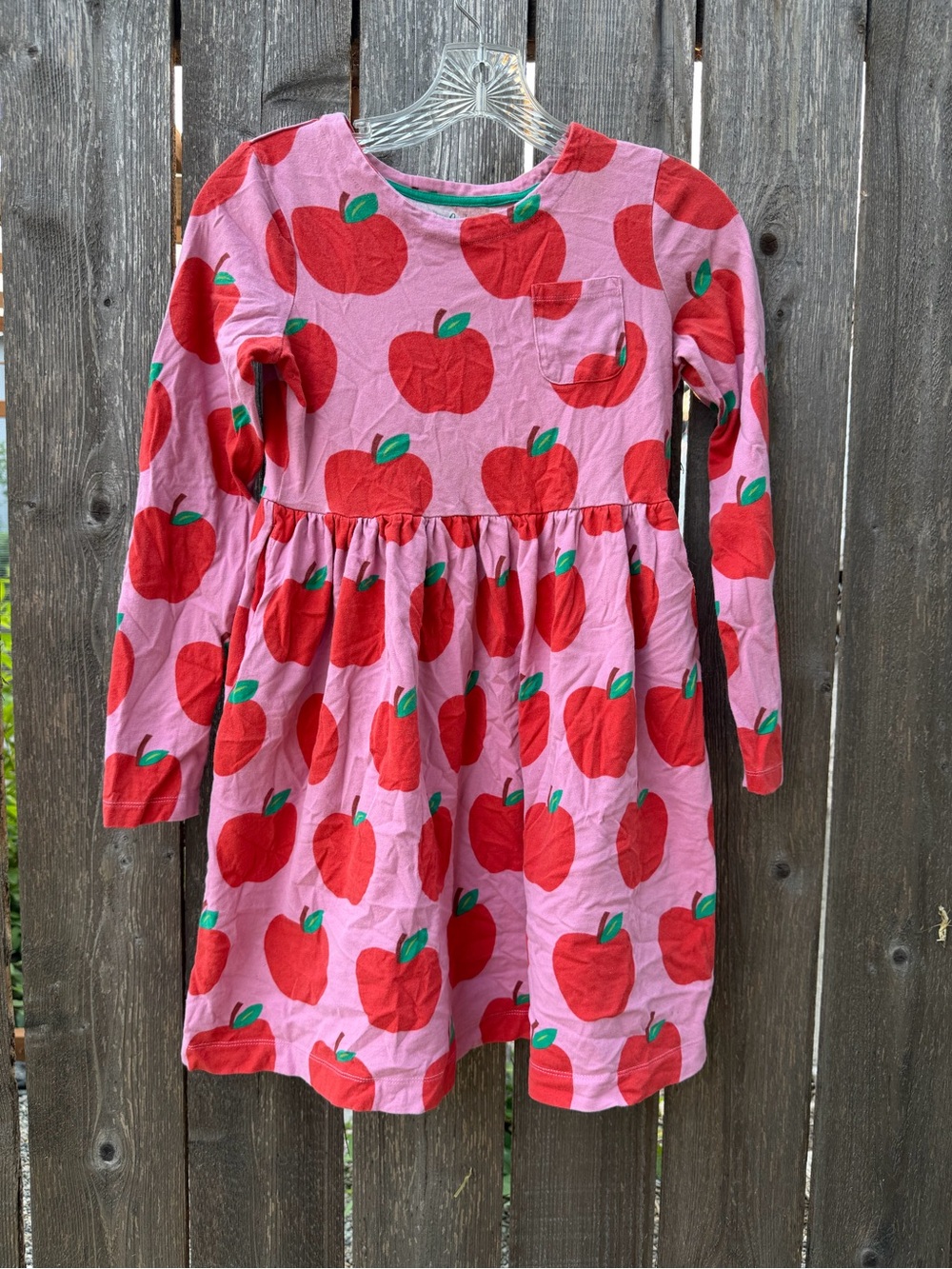 Kids 11-12y Mini Boden Long Sleeve Pink Dress with Red Apple Print